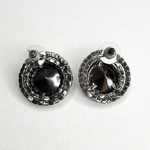 Round Charcoal Gray Silver Rhinestone Earrings Sparkly Vintage Inspired - Picture 2 of 5